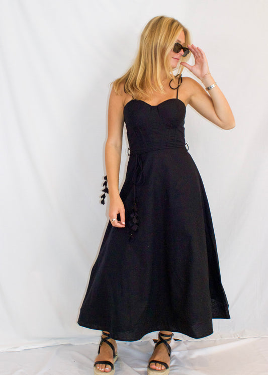 Bustier Floral Tie Dress- Black